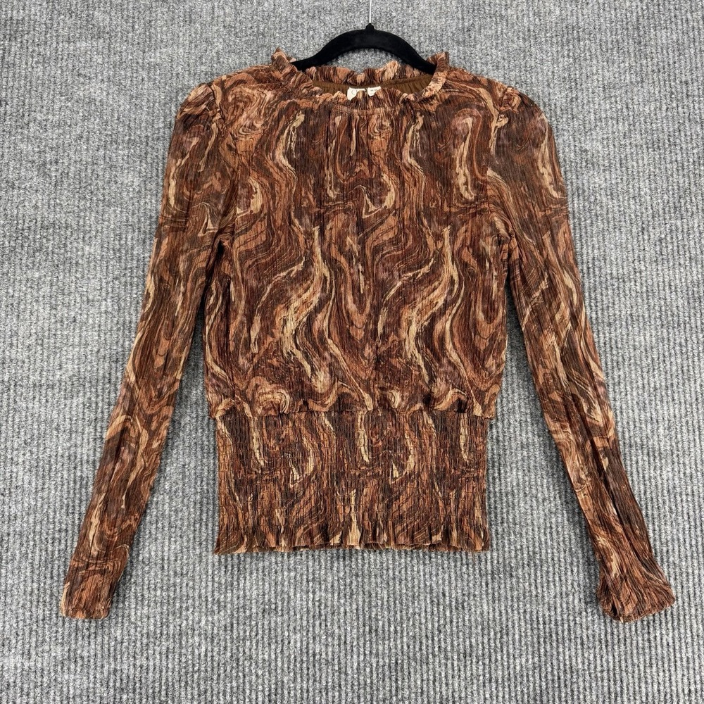 Joie Smocked‎ Metallic Sheer Blouse Brown Boho Indie Top Womens Medium